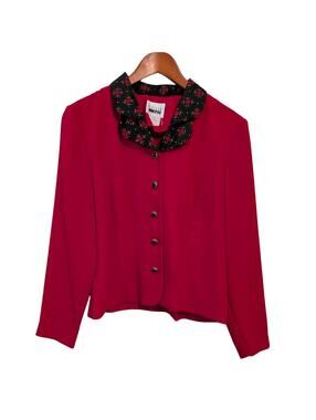 Vintage 1980s Red Blouse with Black Patterned Collar –Size 10P